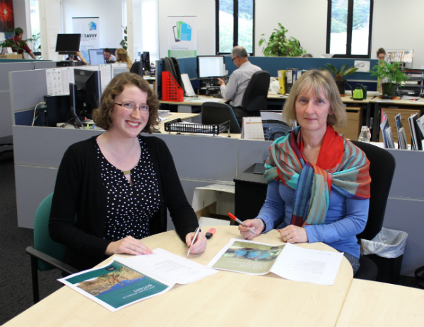 Pictured l-r: Marie Hodgkinson and Jill Mellanby at the Royal Society of New Zealand staff office. Photo credit: Royal Society of New Zealand